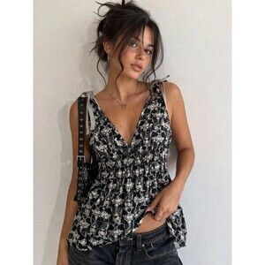 Max Edition Flattering Smock Waist Black Floral Tie-Shoulder Camisole